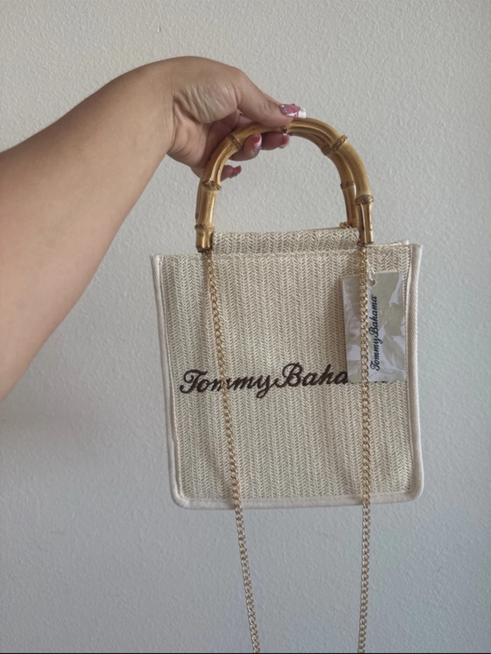 Tommy Bahama Cream Woven Tote with Bamboo Handles and Gold Chain